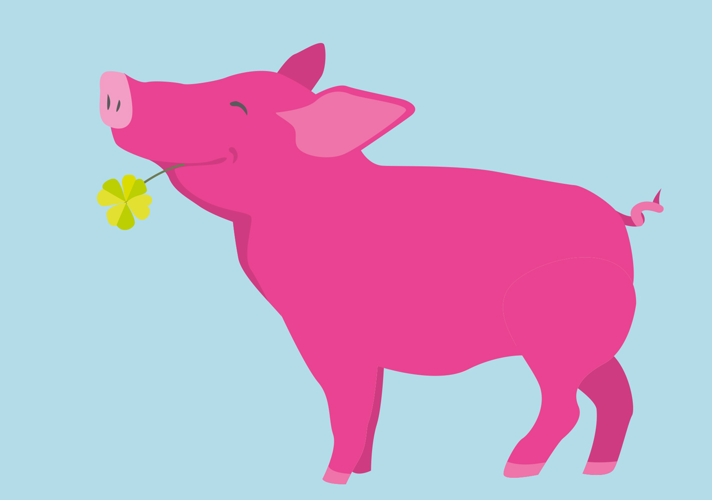 Postcard - neonstyle - Pig with a four-leaf clover