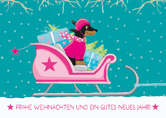 Postkarte - m-illu - Dackelschlitten