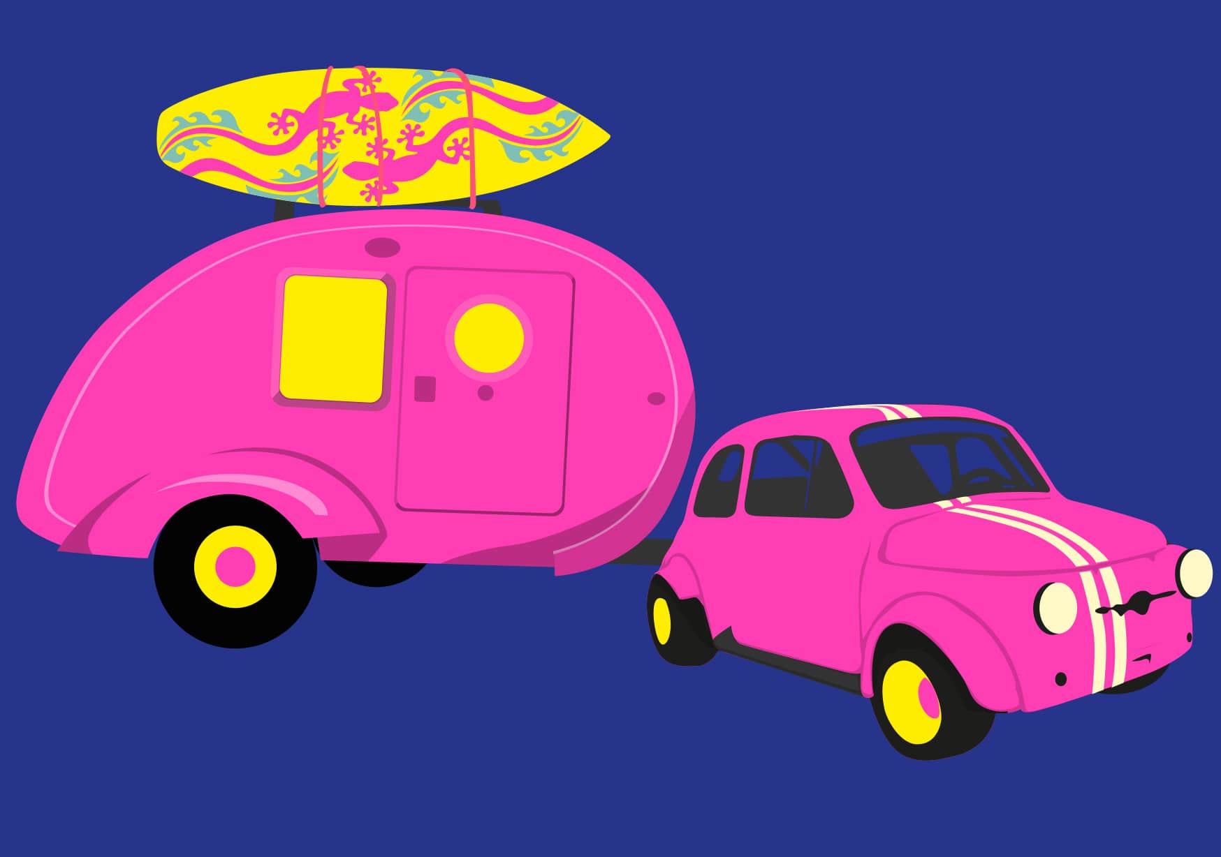 Postcard - luminous - Fiat with Caravan