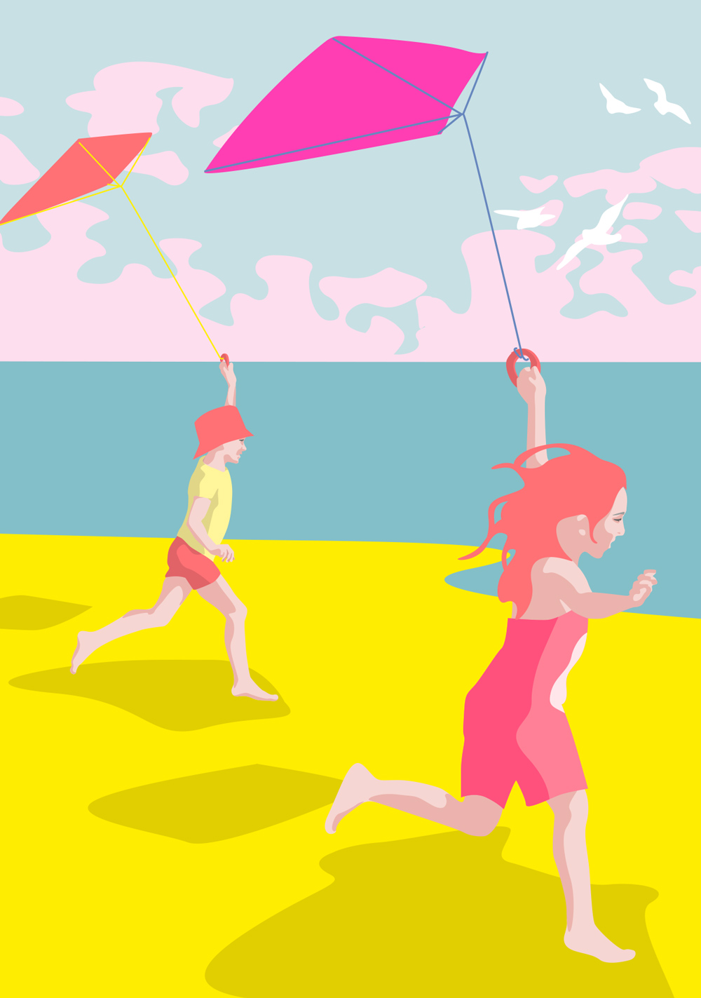 Postcard - luminous - Children flying kites on the beach