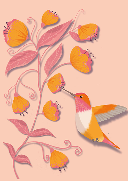 Postcard - Toni Starck - Hummingbird with yellow flowers