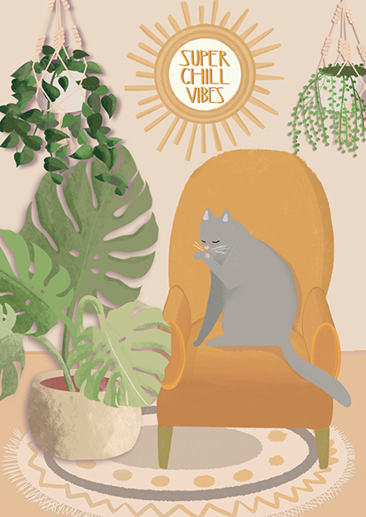 Postcard - Toni Starck - Super chill vibes - Cat yellow armchair