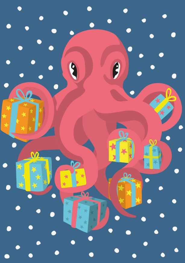 Postcard - luminous - Octopus with presents