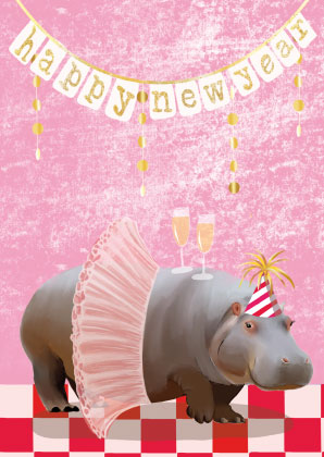 Postkarte - Toni Starck Vanilla - New Year Hippo