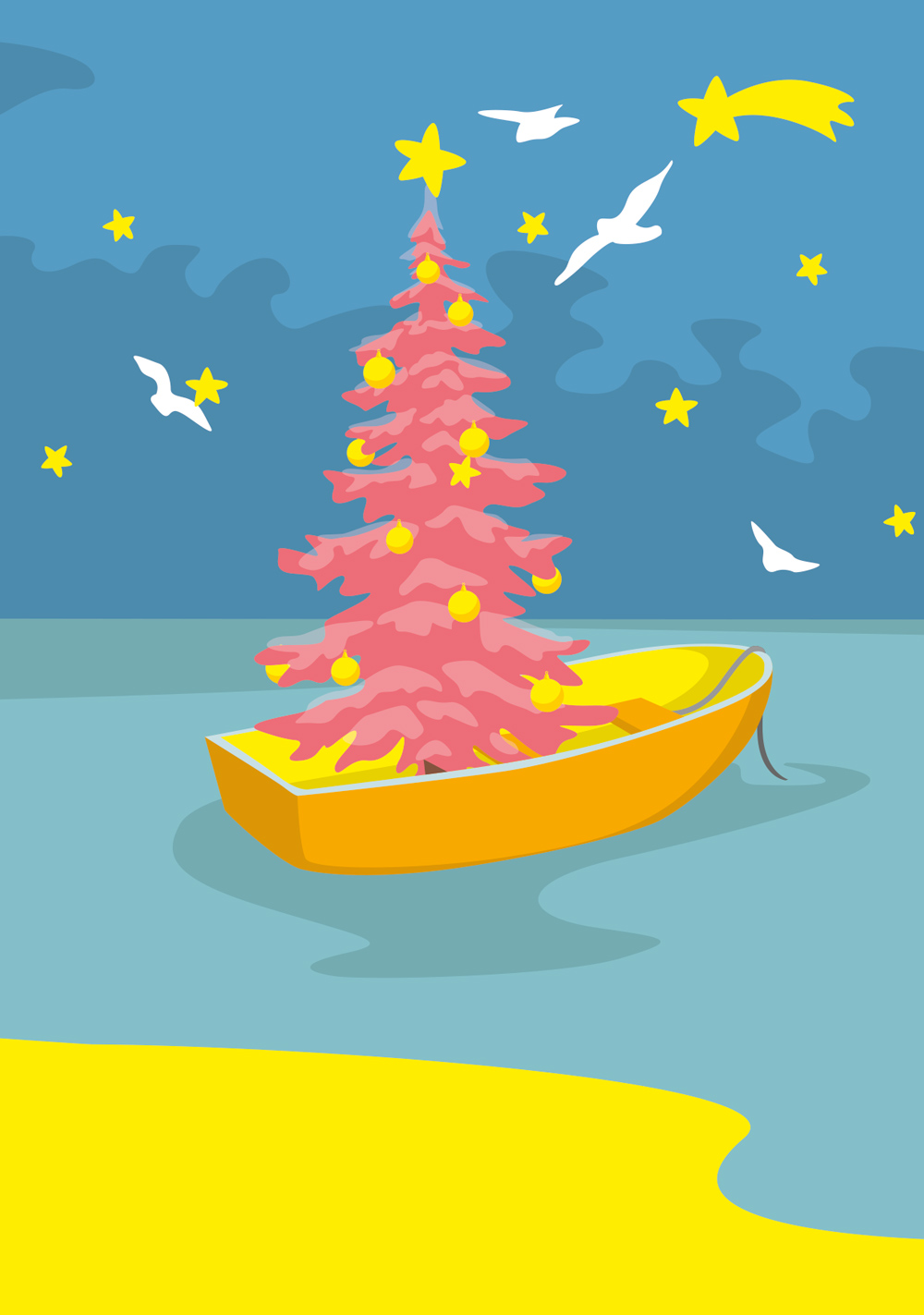 Postcard - luminous - boat with xmas tree