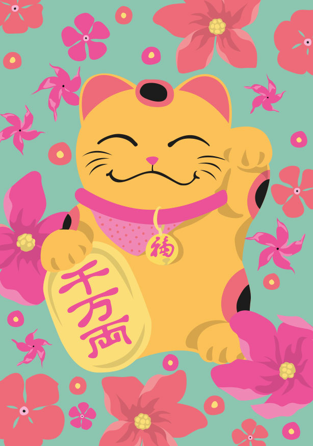 Postkarte - happiness - Waving Cat