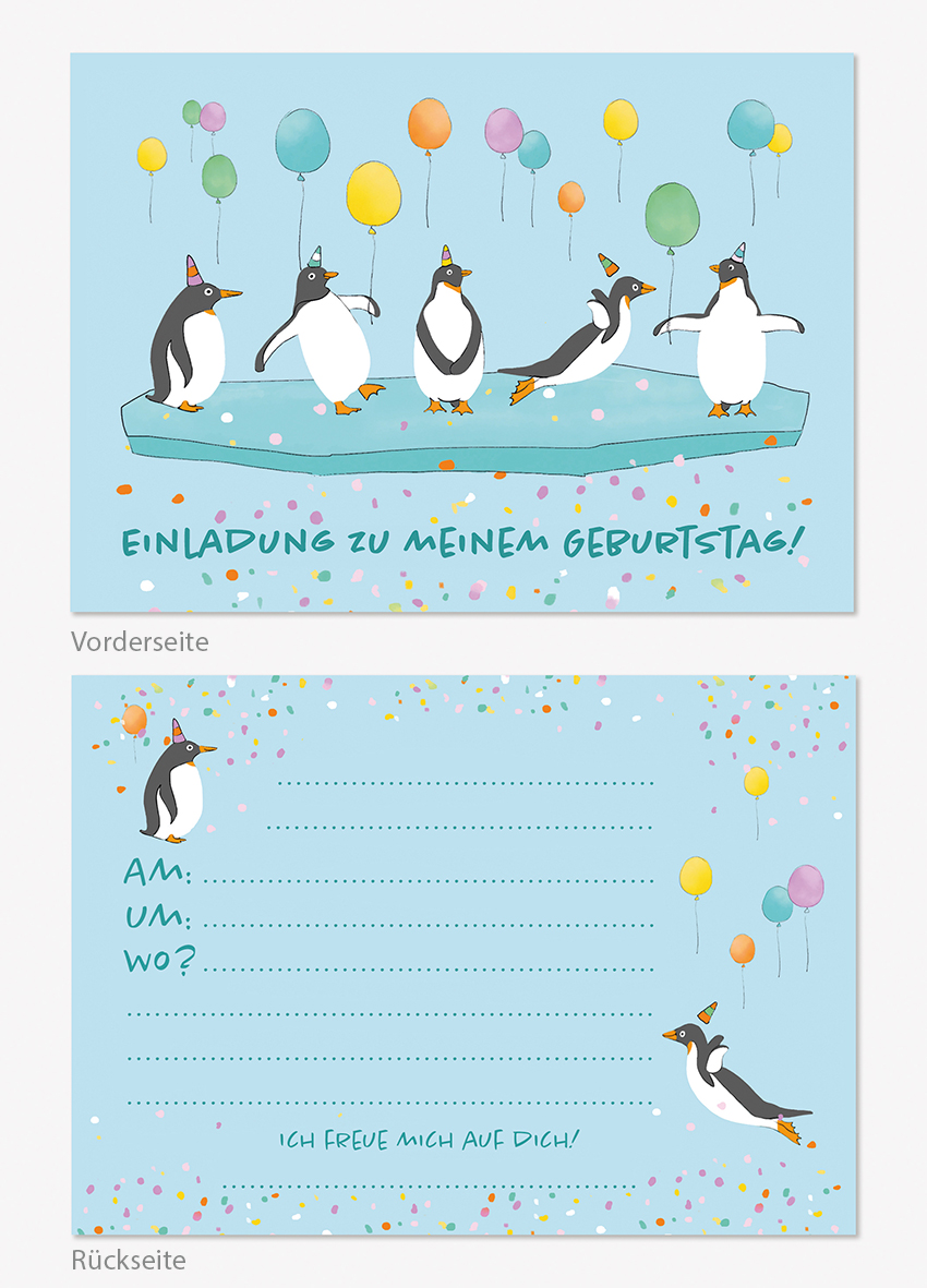 Postkarte - m-illu Einladung funny friends -Pinguine