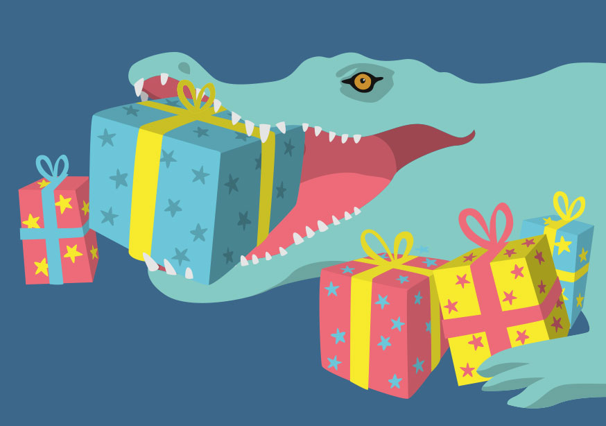 Postkarte - luminous - Krokodil mit Geschenken