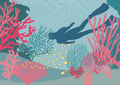 Postcard - Toni Starck - Diver in corals