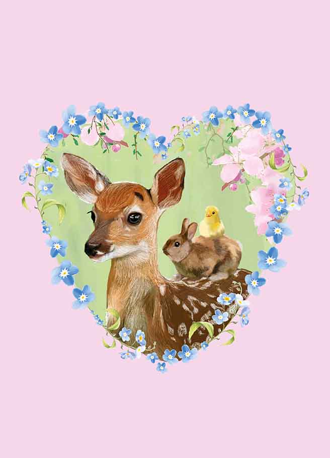 Postcard - m-illu - Roe deer rabbit chick