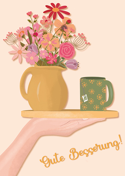 Postcard - Toni Starck - Tea and flowers - Gute Besserung
