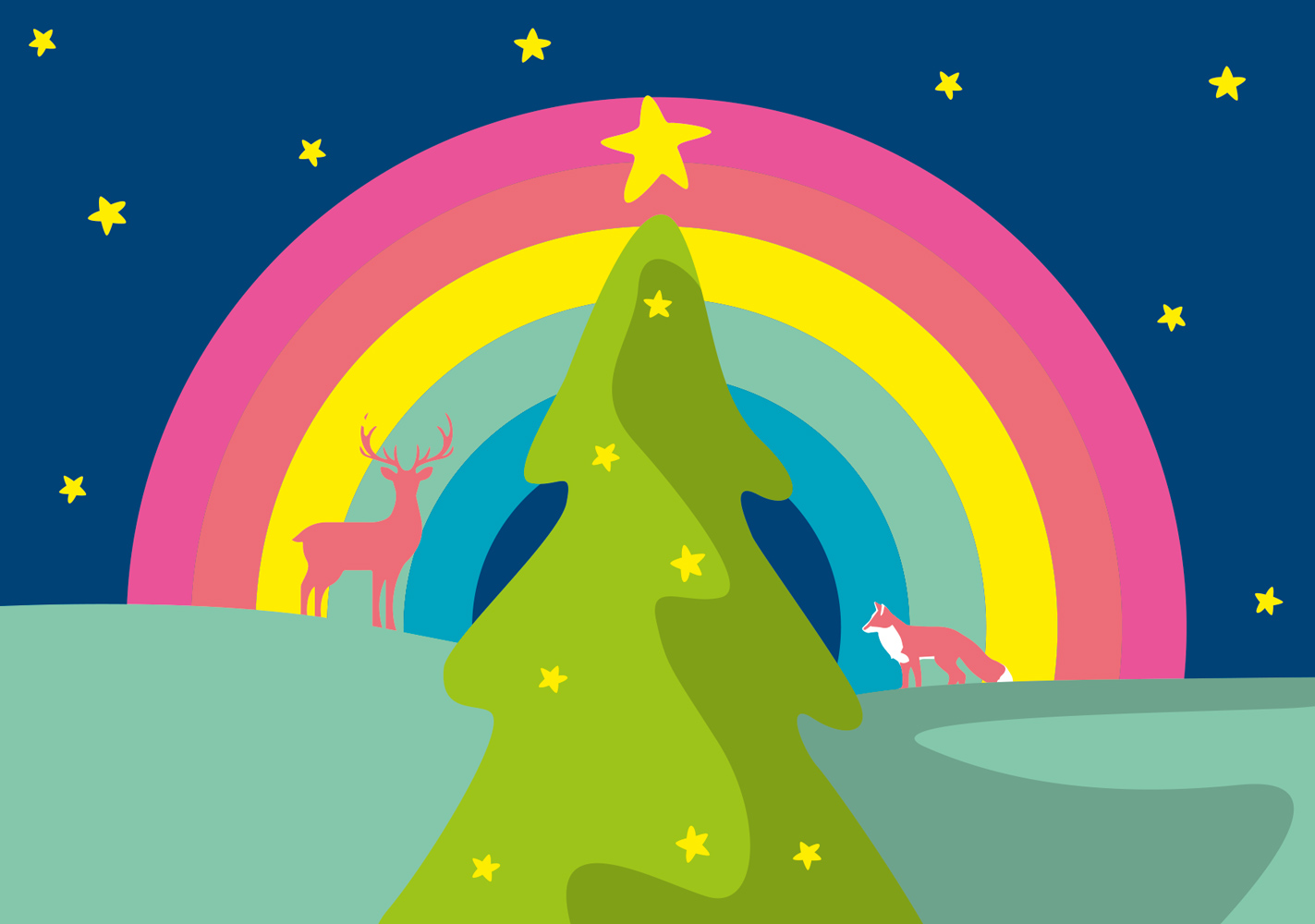 Postcard - luminous - Rainbow and deer