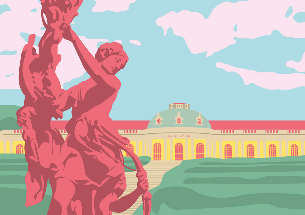 Postkarte - Bon Voyage - weibliche Skulptur, Schloss Sanssouci
