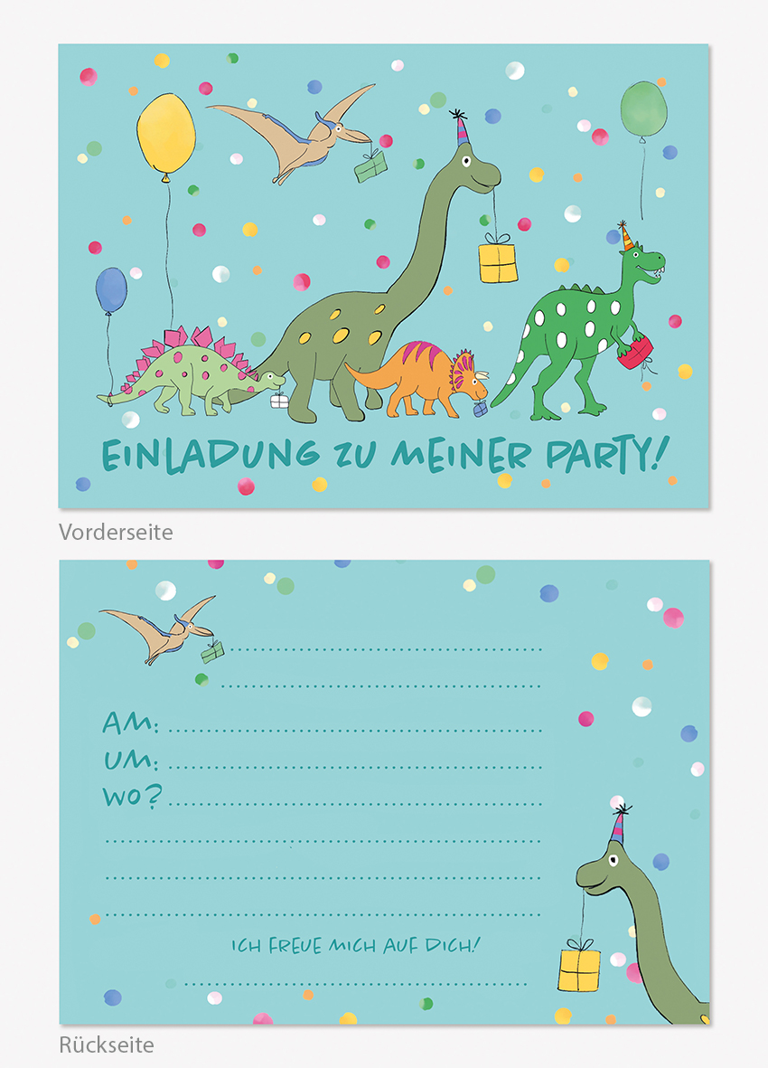 Postkarte - m-illu Einladung funny friends -Dinosaurier