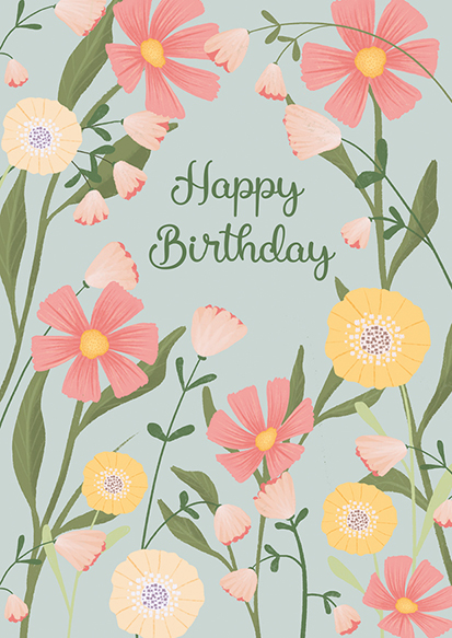 Postkarte - Toni Starck - Blütenrahmen grün - happy birthday
