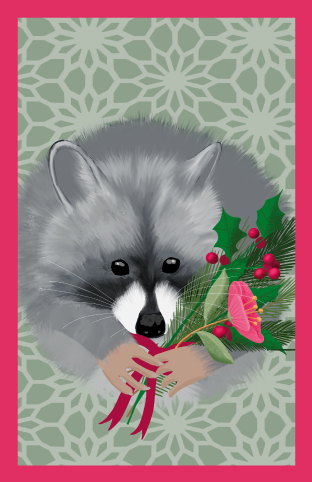 Minicard - Toni Starck - Waschbär mit Christrose Minicard - Toni Starck - Waschbär mit Christrose